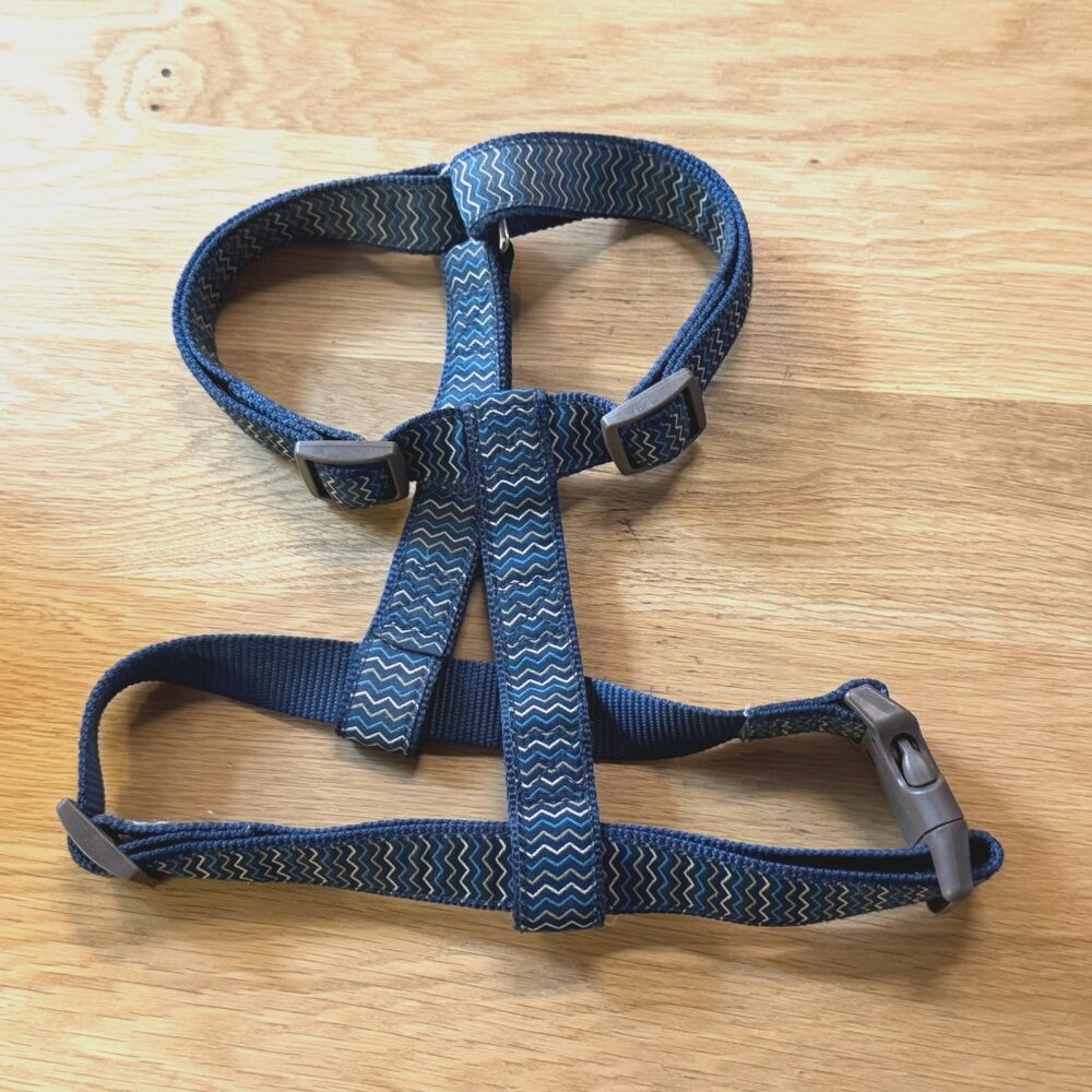No Pull Dog T-Harness, Chevron Pattern Blue & Green with Brown Buckle